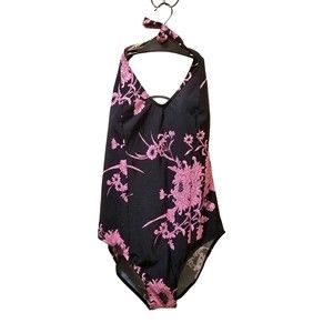Venezia Lane Bryant Black Pink Floral Halter Top One-Piece Swimsuit Size 22W